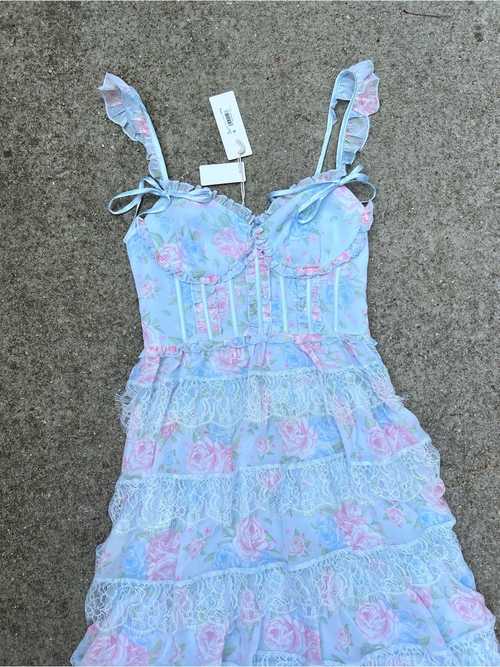 NWT Altar’d State Rhiannon Blue Pink Floral Lace Tiered Maxi Dress Small - Picture 3 of 9